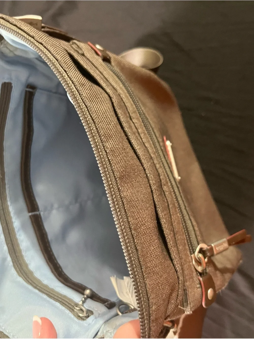Baggallini Messenger Crossbody in Taupe with Red Accents